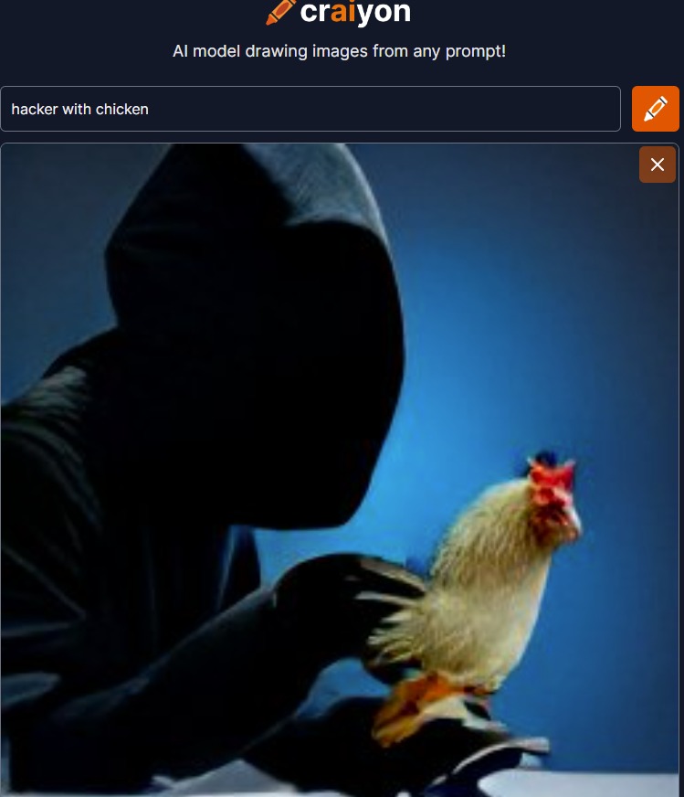 Craiyon prompt: Hacker with a chicken