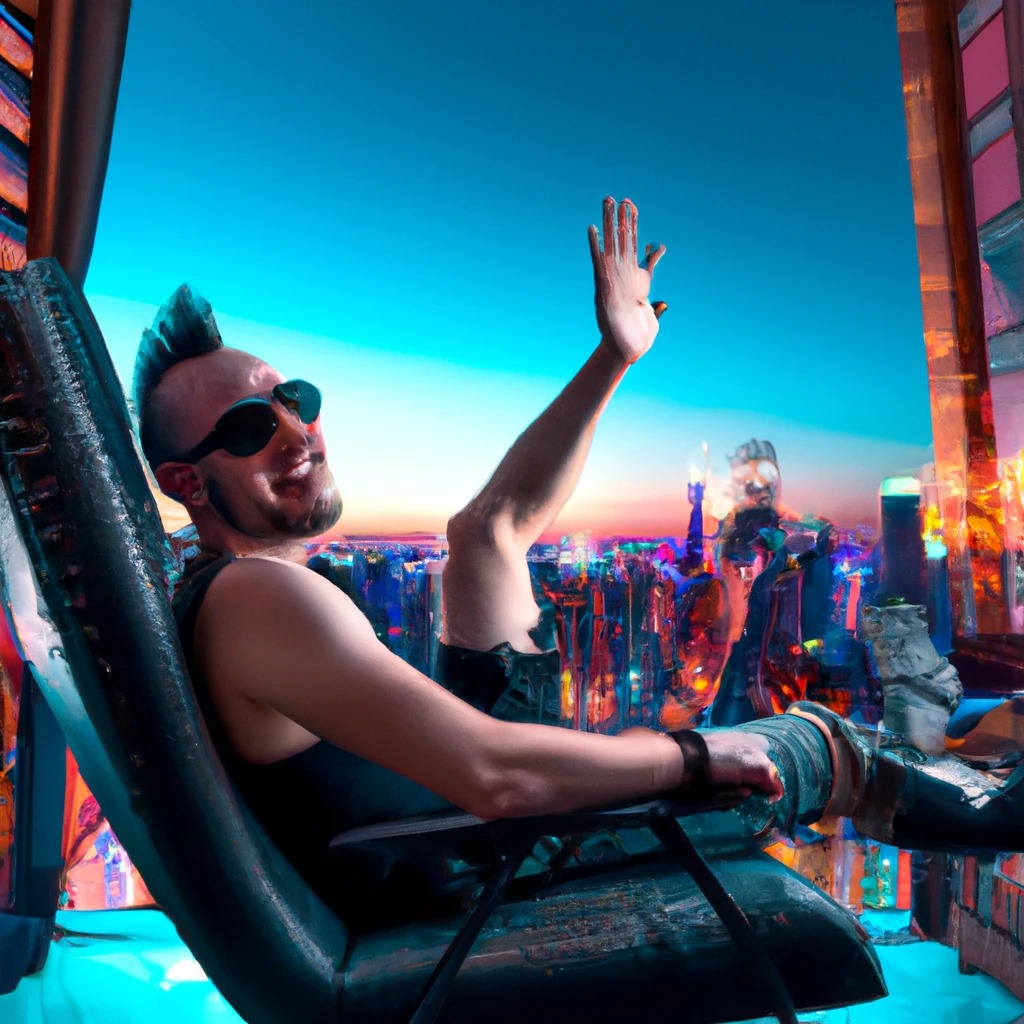 male cyberpunk waving hello from sun bed with metropolis in background