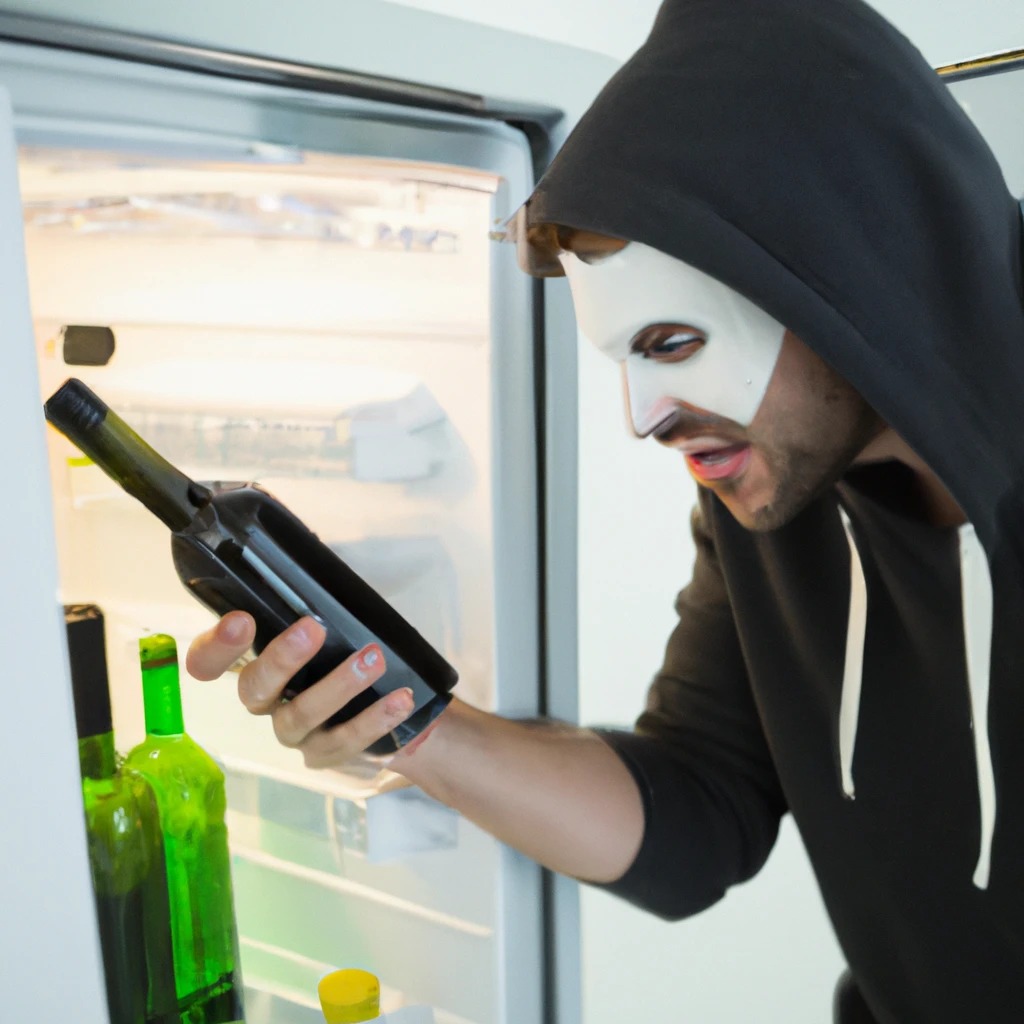 hacker looking excitedly at a bottle of wine inside a fridge