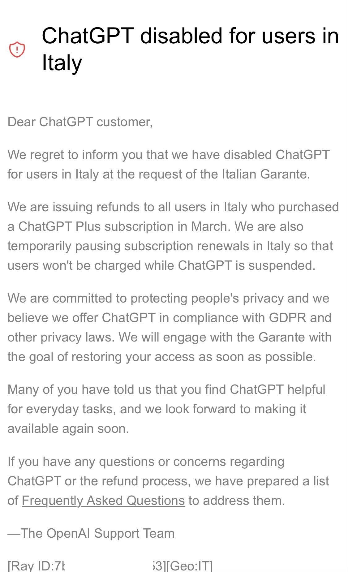 Note from OpenAI to Italian customers