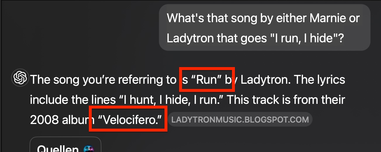 Search in ChatGPT for a song, returns wrong album