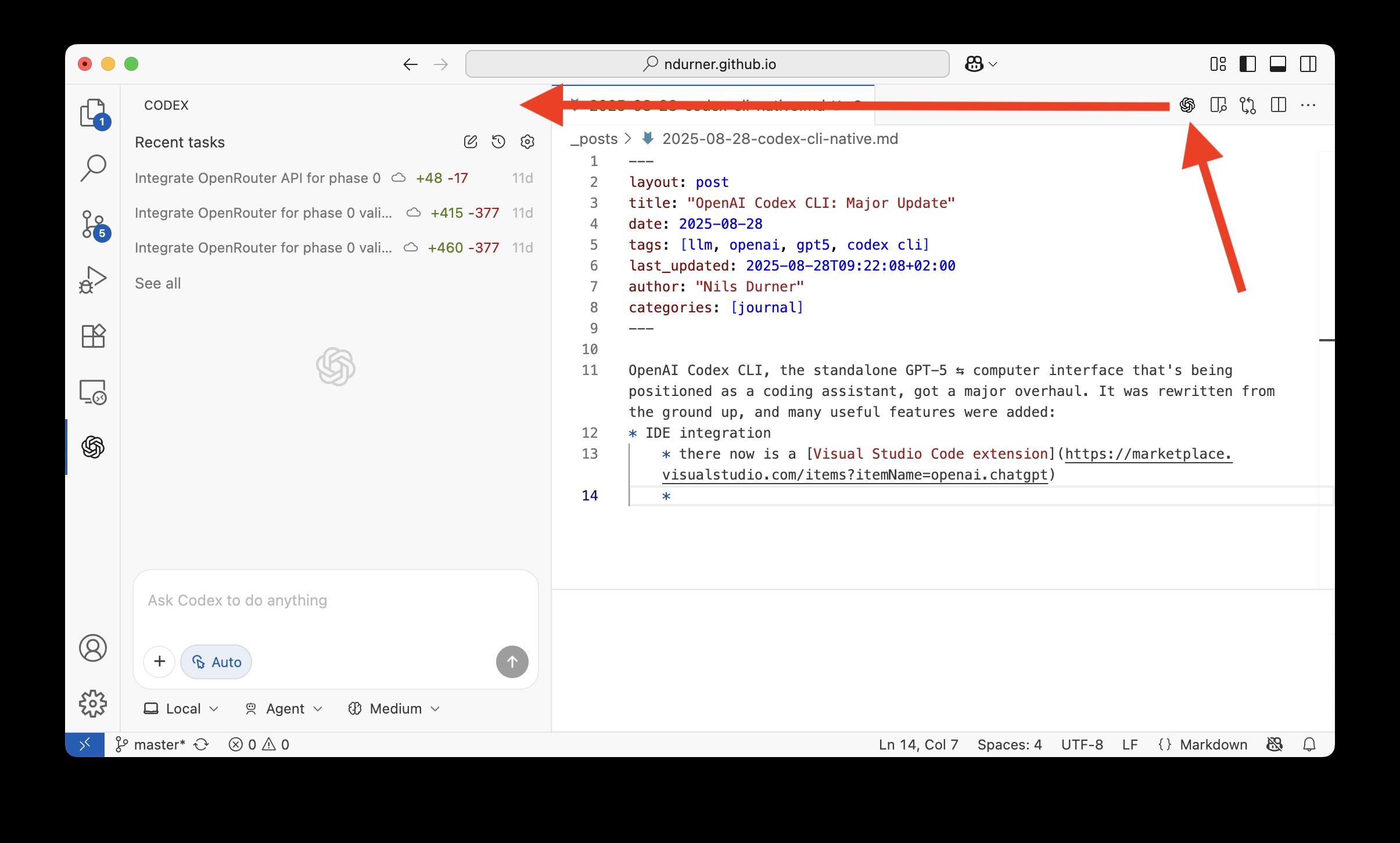 click-through to open the OpenAI Codex pane in VSCode