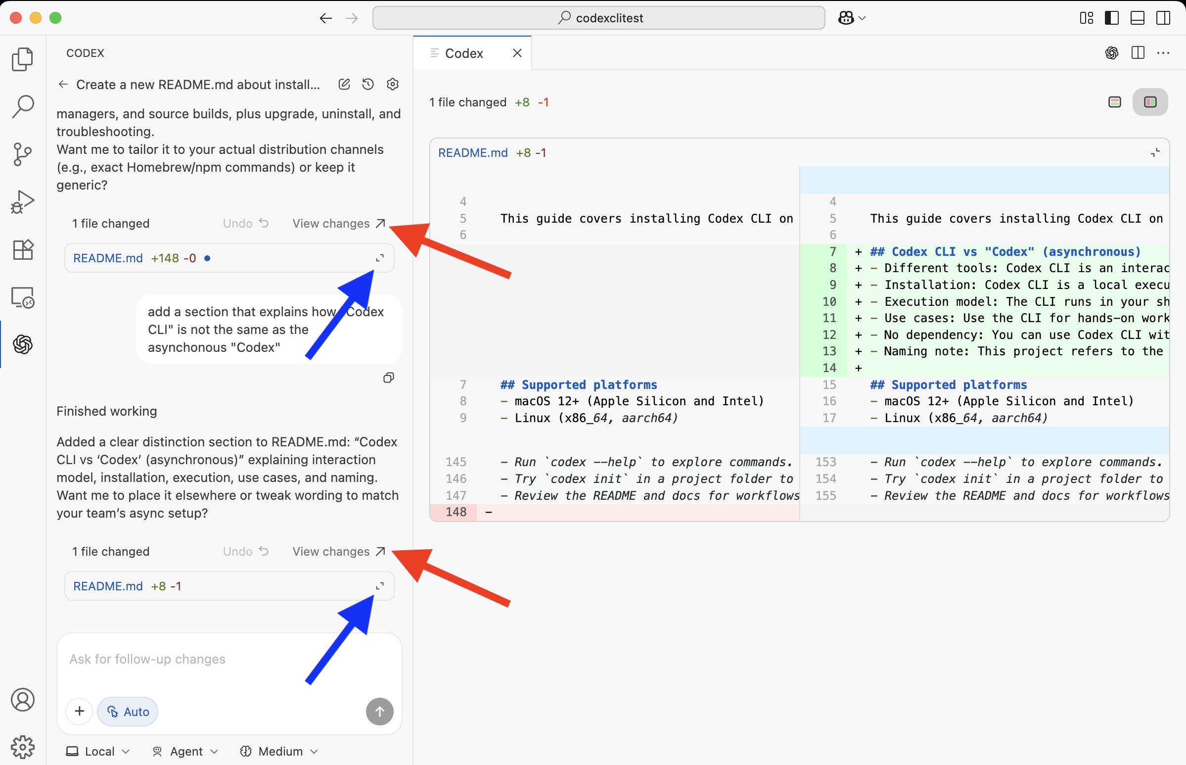 Screenshot of the Codex diff view