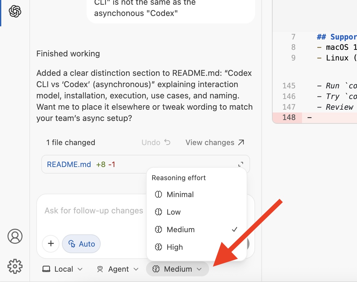 Screenshot of the Reasoning Effort menu