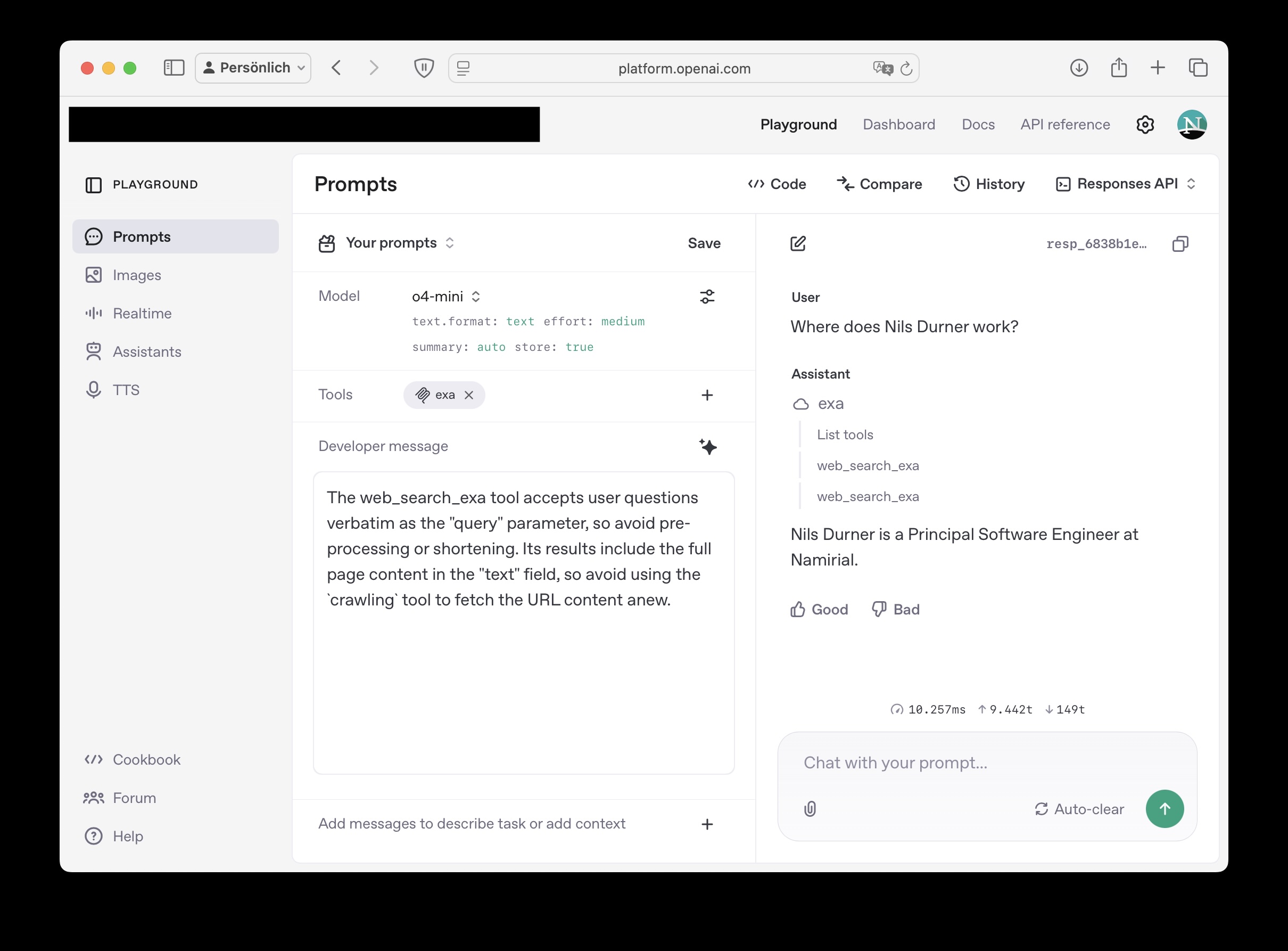 OpenAI Prompts Playground with Exa MCP