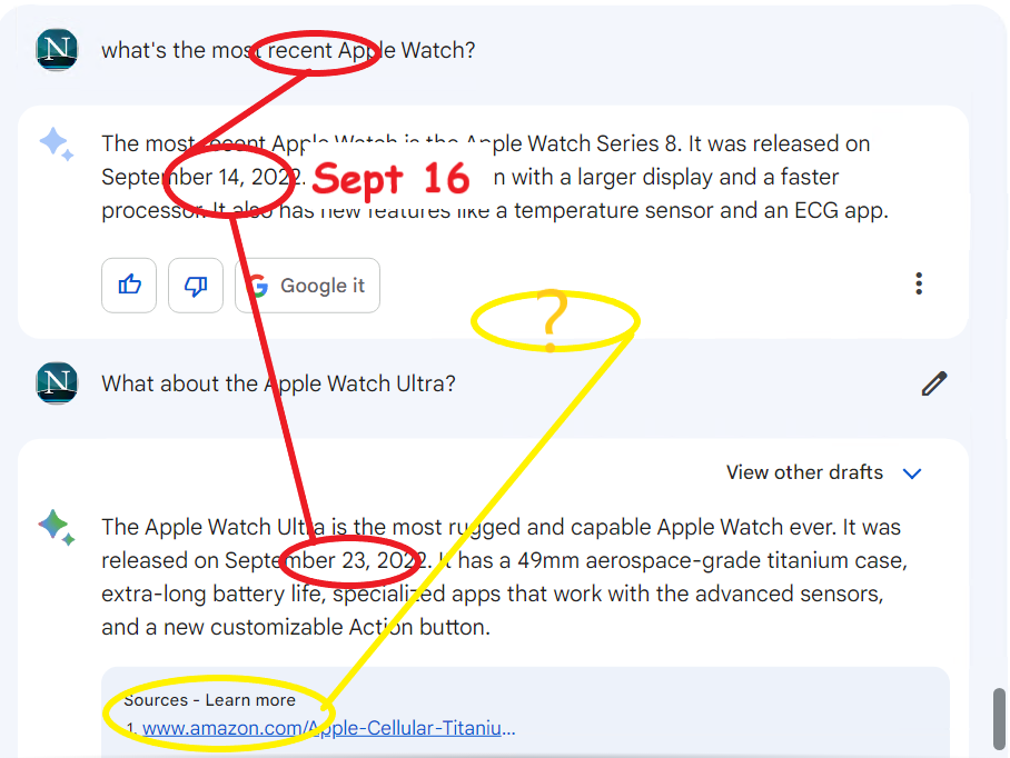 Google Bard gets the Apple Watch release date wrong and also fails to consistently give a reference