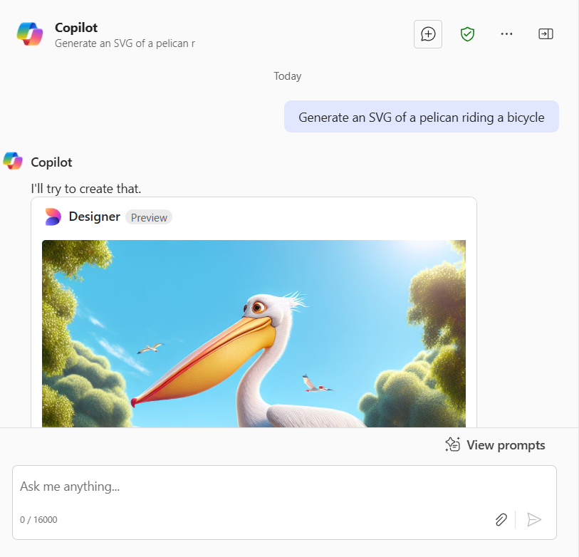 Microsoft Copilot Chat screenshot: pelican on a bike