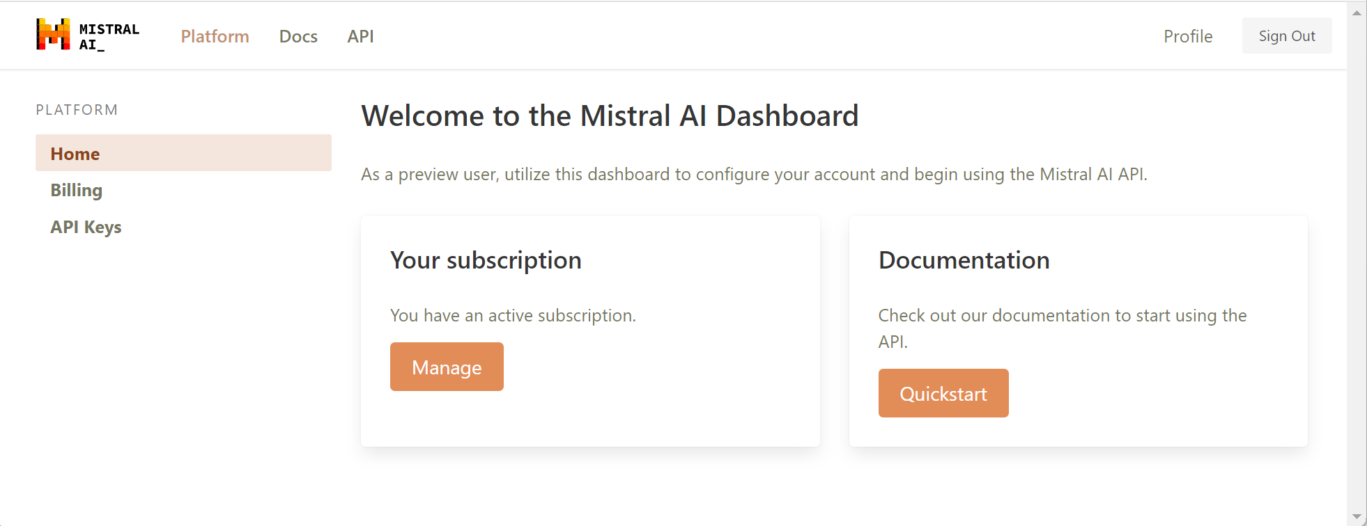 Mistral Platform dashboard