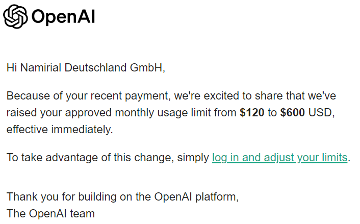 OpenAI usage limit increased to $600